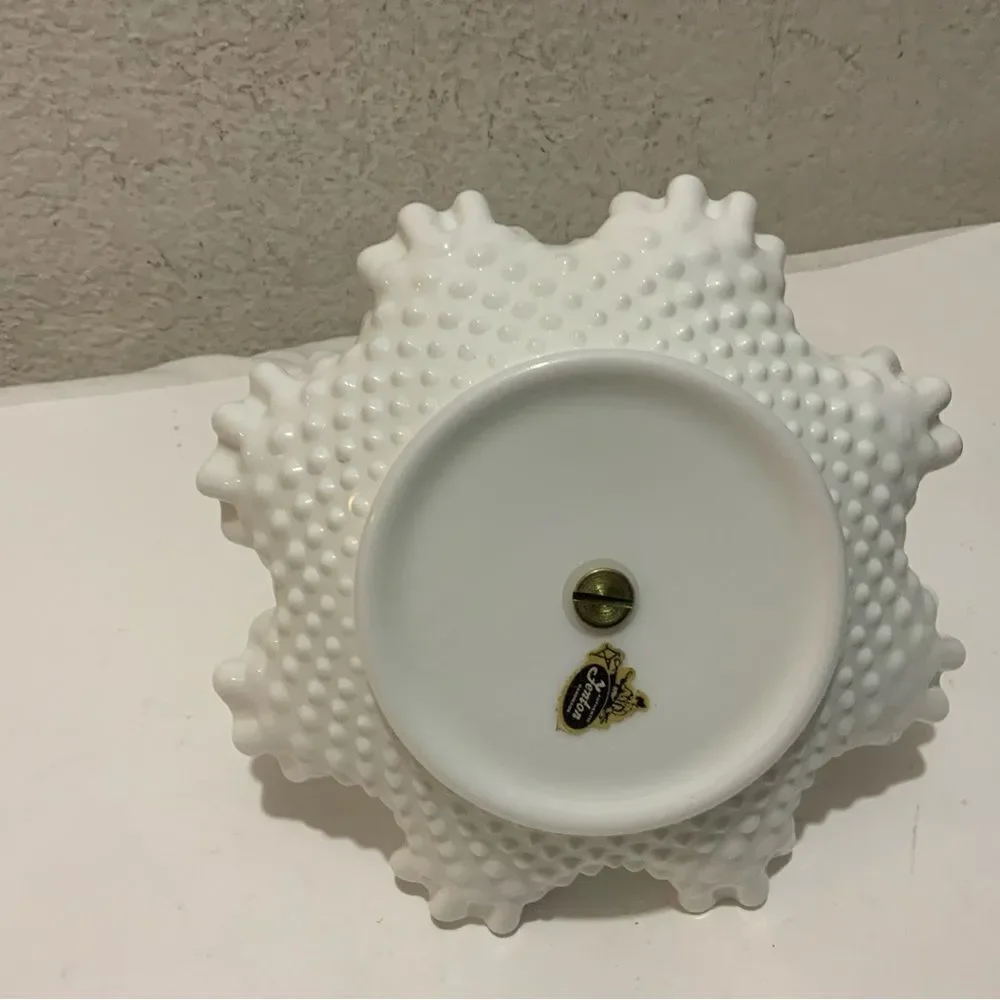 Fenton Vintage White Hobnail Ruffled Edge Milk Glass Candy Dish w/Silver Handle